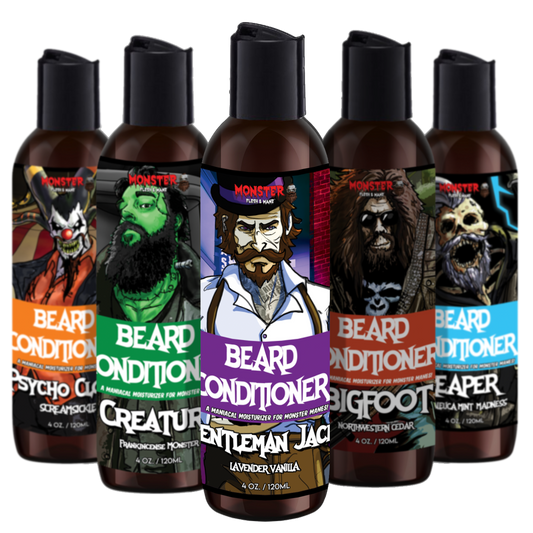 Beard Conditioner by MONSTER - Moisturizer and cream rinse for facial hair. 12 varities available, 5 pictured here in amber bottles.